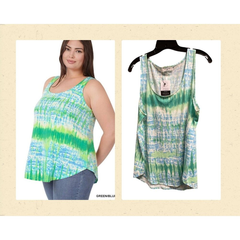 Tie-Dye Sleeveless Women's Plus 1X Size Tank Top - Green/Blue - Summer Fashion